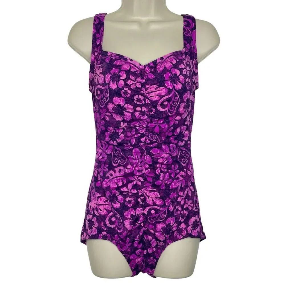 Maxine of Hollywood Pink Floral Swimsuit Ruched Tropical Coastal Core Women’s 12